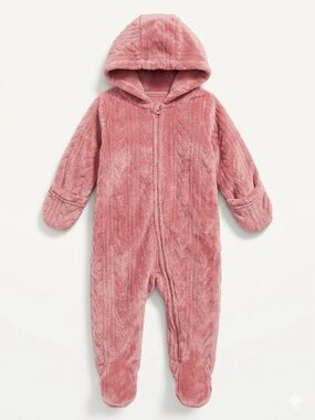 George Pink Plush Cable Knit Hooded Fleece Footed Romper Onesie 6-9M